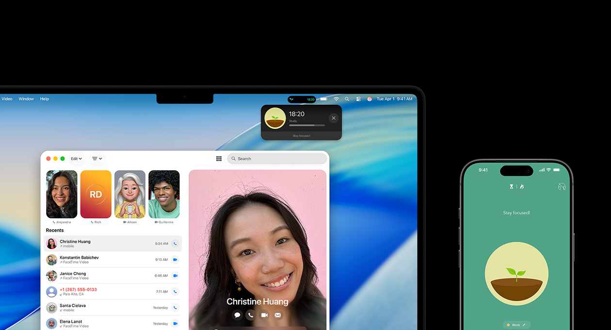 A MacBook Pro and iPhone side by side, MacBook Pro screen displays the Phone app and Live Activities from the Uber app, iPhone shows the Uber app