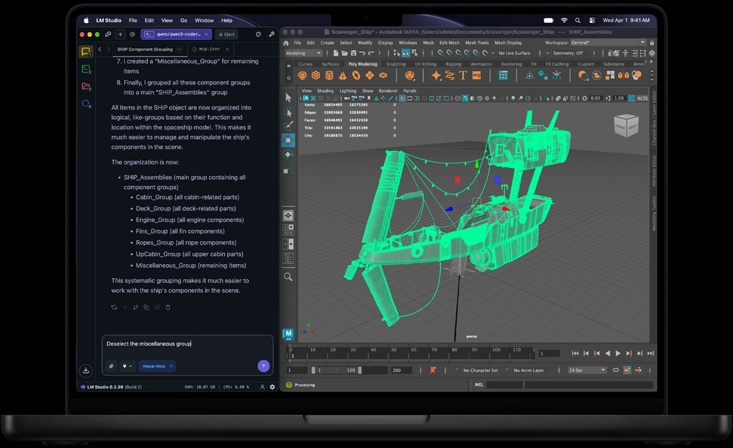 MacBook Pro, LM Studio, AI Assistant liệt kê các bước để nhóm các bộ phận của con tàu, câu lệnh có nội dung: Bỏ chọn nhóm chi tiết khác, Autodesk Maya, mô hình 3D dạng khung dây màu xanh lá của tàu vũ trụ