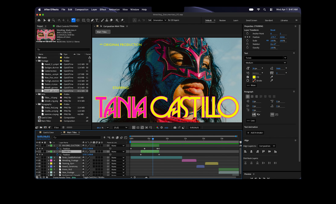 MacBook Pro, After Effects, thẻ tiêu đề có nội dung: Một Tác Phẩm Nguyên Bản, Với sự tham gia của Tania Castillo, trên ảnh đô vật đeo mặt nạ luchador màu hồng và xanh dương, có thể nhìn thấy bảng Thuộc Tính và dòng thời gian