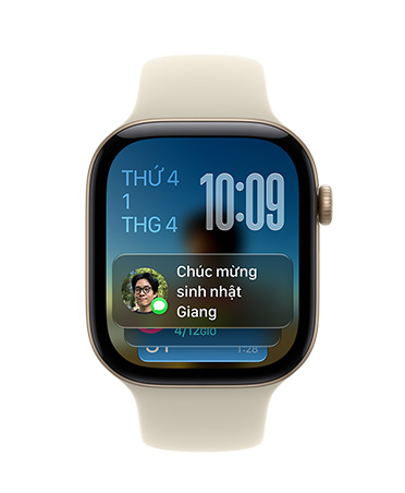 Apple Watch Series 12, Sand Sport Band with Aluminum Light Gold case face shows date at top left, time on top right, and Messages widget at bottom