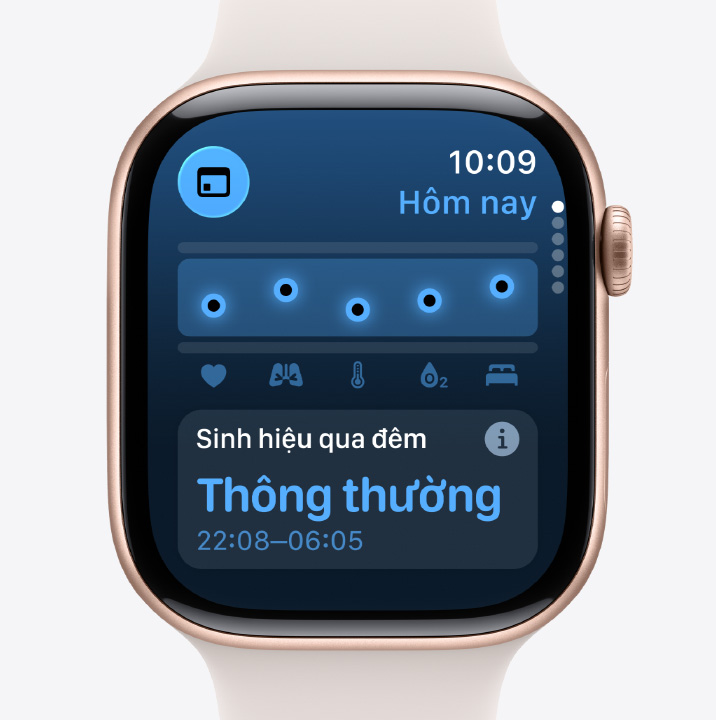 Apple Watch Series 11, aluminum case, rose gold color, Vitals app, health score chart, overnight vitals notification, Sport Band, light blush color