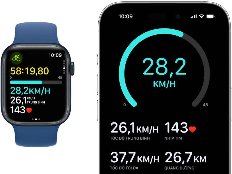 Một chiếc Apple Watch và iPhone hiển thị các chỉ số đạp xe trực tiếp