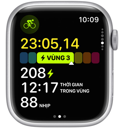 Mặt đồng hồ Apple hiển thị đồng hồ công suất, một phần trong chế độ xem bài tập theo vùng công suất