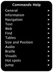 A screen shot of the Commands Help menu. A panel with a black background and white text, titled Commands Help. The menu includes these items, from top to bottom: General, Information, Navigation, Text, Web, Find, Tables, Size and Position, Audio, Braille, Visuals, Hot spots, Jump. To the right of each item is an arrow to access an item’s submenu.