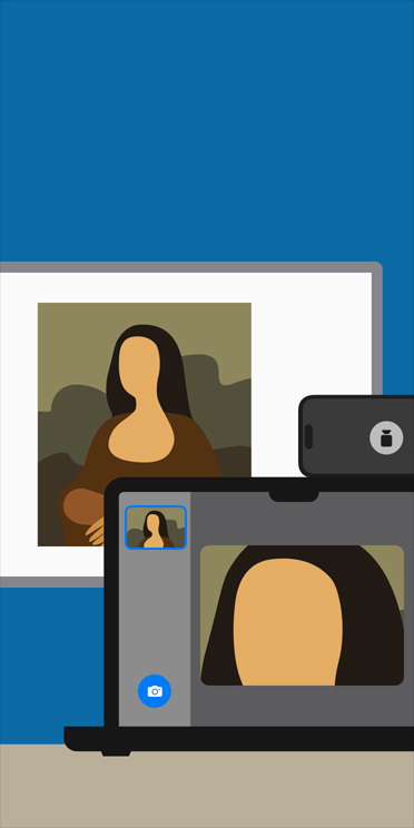 MacBookの画面上の拡大鏡アプリのアニメーション。教室のホワイトボードに映し出されたモナリザの画像を拡大して表示している