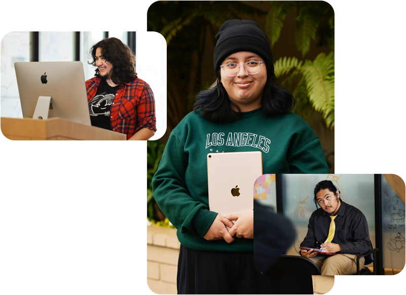 「Exceptional Minds」プログラムの生徒を写した3枚の写真。Macを使って作業している生徒と、iPadの背面を外側に向けて持っている生徒、モデルを見ながらiPad上でApple Pencilを使ってスケッチをしている生徒