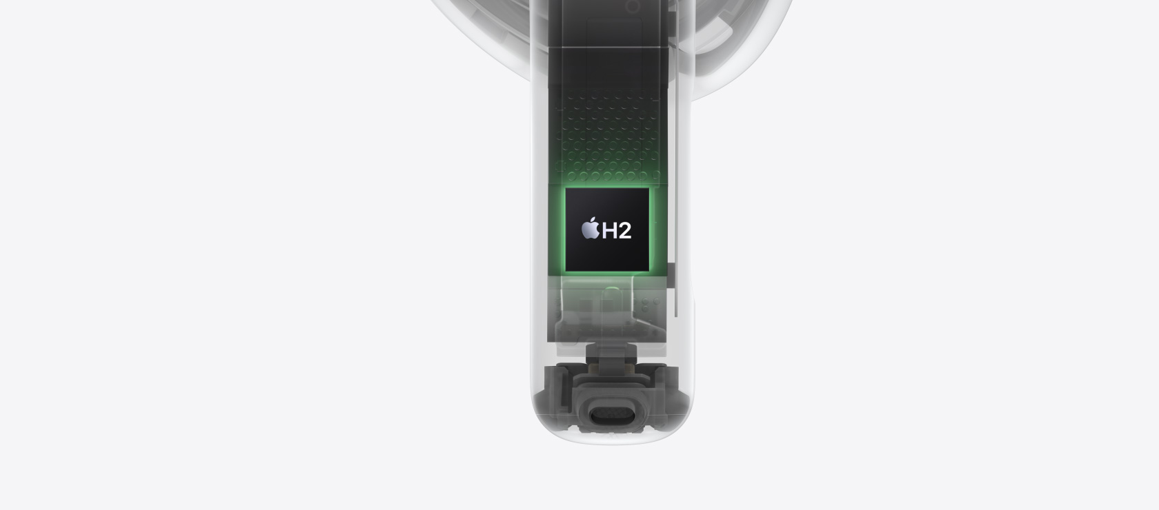AirPods 4の軸部分に内蔵されているH2チップがハイライトされている