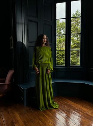24mmで撮影した、緑のドレスを着た女性の写真
