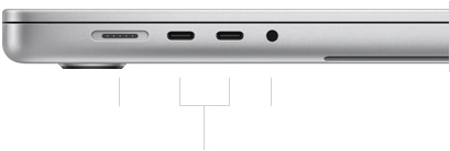 閉じた状態の16インチMacBook Proの左側面。MagSafe 3ポート、2つのThunderbolt 5ポート、ヘッドフォンジャックが見えている