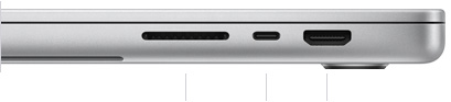閉じた状態の16インチMacBook Proの右側面。SDXCカードスロット、1つのThunderbolt 5ポート、HDMIポートが見えている